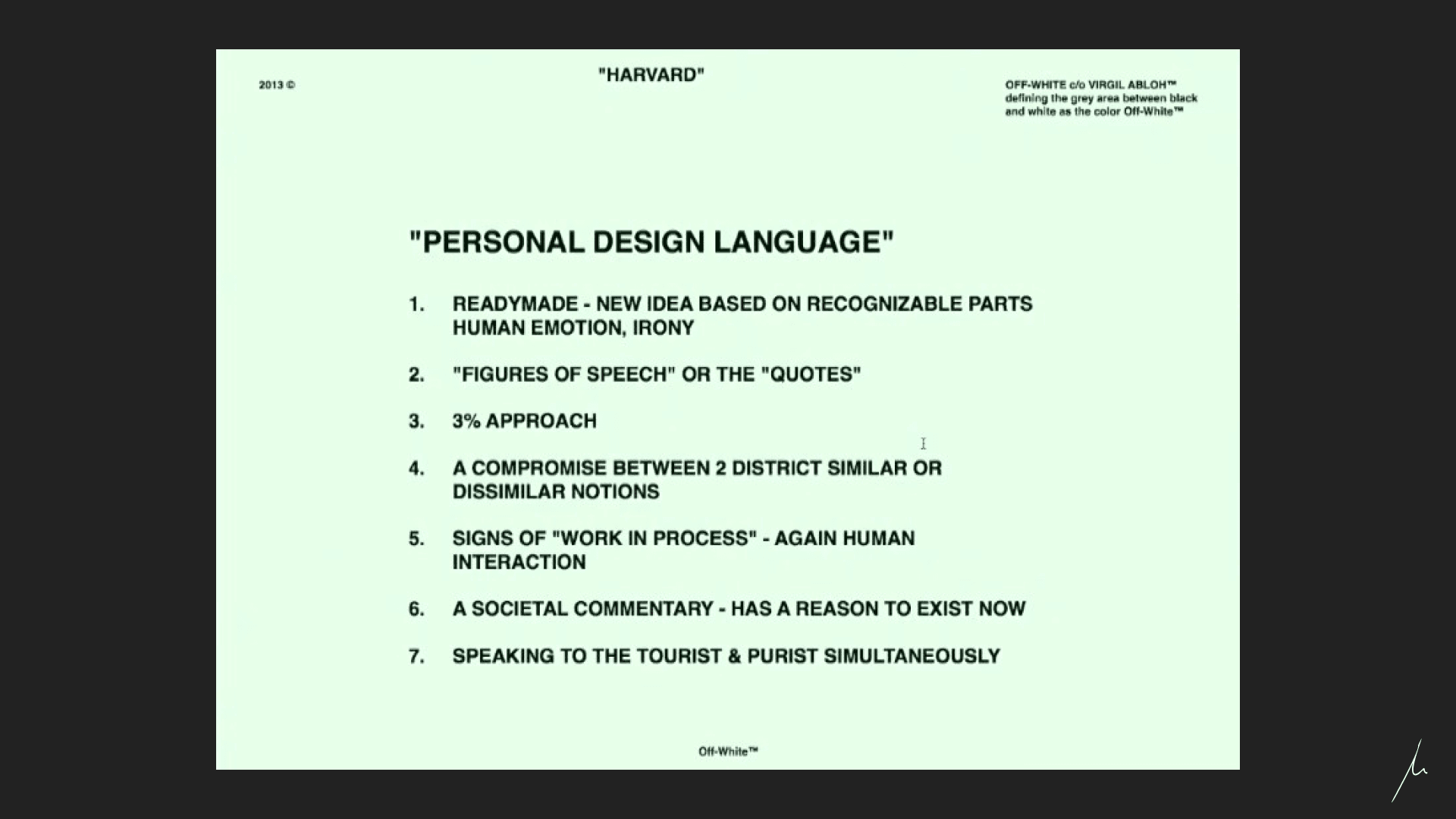 Virgil Abloh's "Personal Design Language" slide from his lecture at the Harvard Graduate School of Design.